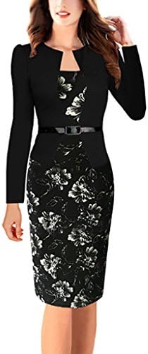 Mineroad Women Long Sleeves Wrap Hip Fake Two Elegent Printing Slim High Elasticity Fashion Dress Black UK 16