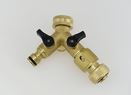 2 Teile Set: Y- Verteiler und Schlauchkupplung mit Wasserstop. Verteiler 3/4“ IG mit Steckverbindung 1/2 Zoll Ausgänge mit 2 Kugelhähne. 2-Wege-Ventil für Gartenschlauch. Y-Verteilerstück - 2