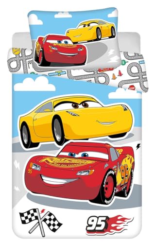 Biancheria da letto reversibile per bambini Disney Cars, copripiumino Saetta McQueen Red Cruz Ramirez 100 x 135 cm + federa 40 x 60 cm, 100% cotone