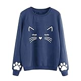 YEBIRAL Pull Femme Automne et Hiver Décontractée Couleur Unie Chat Impression Col Rond Manches Longues Top Sweat-Shirt(S,Marine)