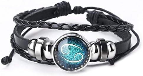 Hand Woven Leather Alloy Bracelet Constellation Zodiac Sign Charm Multilayer Braided Rope Punk Bangle for Men Women Adjustable Length