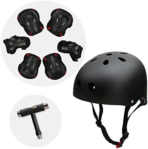 Skateboard Helmet Youth Scooter Helmet with 6pcs Elbow Knee Wrist Pads for BMX Bike Cycling and Skateboard T Tool Allen Key Longboard Screwdriver Black