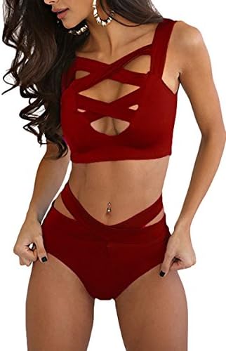 JASIT Women's Sexy Criss Cross High Waist Bandage 2PCS Criss Cross High Waist Bikini Set Swimsuit S