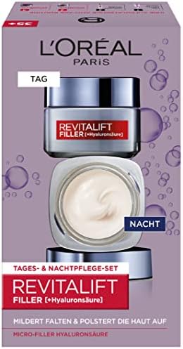 L'Oréal Paris Set per la cura del viso, anti-invecchiamento ialuronico, cura diurna e notte contro le rughe, con acido ialuronico micro filler, Revitalift Filler, 2 x 50 ml