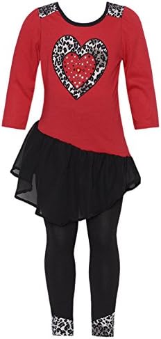 Little Girls Red Leopard Print Asymmetrical Hem Heart Dress Legging Set 2T