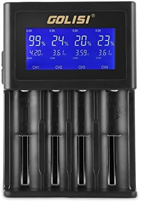 18650 Battery Charger, GOLISI Universal Battery Charger, Smart Charger, 4 Slot 12V2A LCD Wall Charger for Ni-MH Ni-Cd AA AAA Li-ion LiFePO4 IMR 10440 14500 16340 18650 RCR123 26650