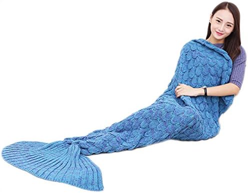 Gifts for Her, Mermaid Tail Blanket Novelty Gift for Adults Women Girls and Kids Handmade Knitted Warm Living Room Sofa Throws 78.4 inch x 35.4 inch(190cmX90cm) (Adults, S-12-Bright Blue)