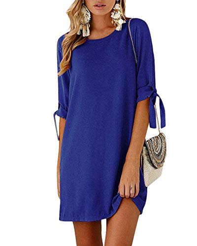 Kidsform Femme Mini Robe Chic Manches Courtes Tunique Robe de Plage d'été Lâche Col Rond Casual Chemise Robe Plissée Longue Vintage, Bleu Royal, L