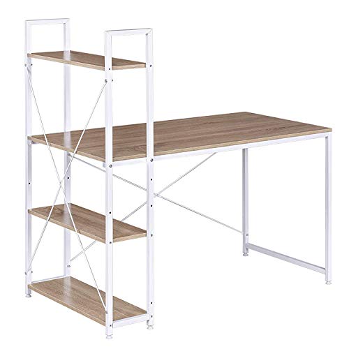 WOLTU TSB01whe Table de Bureau avec étagère de Rangement Bureau d'ordinateur Stable et Robuste env. 120x64x120 cm,Blanc+Chêne Clair