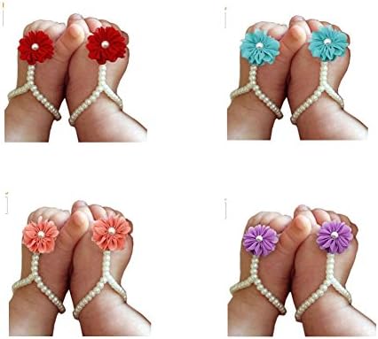 Lucky staryuan ®4pairs Baby Girl Pearl Chiffon Foot Flower Shoes Barefoot Sandals (style 2)