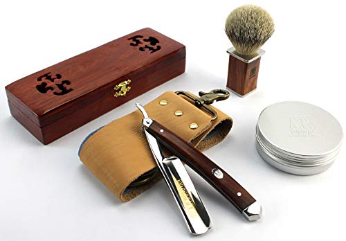 A.P. Donovan - Rasiermesser Set | 7/8 Zoll mit Mahgoni Holzgriff | Bartpflegeset für Männer mit Pinsel, Seife, Streichriemen und Rasiermesser