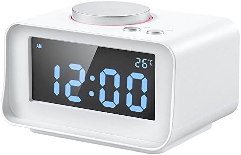 FM Radio Alarm Clock, FEBITE Temperature Time Clock, Thermometer and LCD Screen, with Dual USB Charger, Speaker, Snooze and Brightness Adjustable Function for Bedroom, Hotel (white)