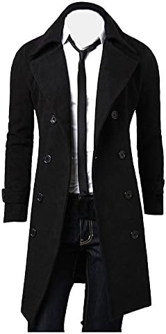 friendG Men's Gentleman Long Jacket Parka Double Breasted Buttons Trench Coat Cardigan Slim Fit Solid Color Windbreaker Stylish Soft Lightweight Casual Party Banquet Outerwear (L, Black)