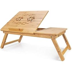 Todeco - Table Portable pour Ordinateur, Plateau de Lit Pliable - Matériau: Bambou - Dimensions de la surface de la table: 55,1 x 35,1 cm - Bureau réglable avec trous d'aération