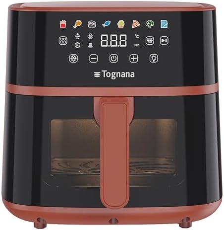 Tognana Iridea,Friggitrice ad aria 6L, doppia resistenza, display digitale, timer, 80-200°C, finestra, 1700W, Rosso Mela