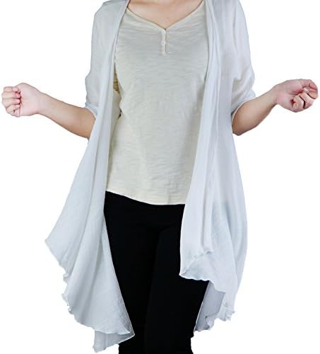 IKRR Ladies Casual Solid Color Middle Sleeve Draped Open Asymmetric Cardigan Women Linen Cotton Open Top Outwear-White