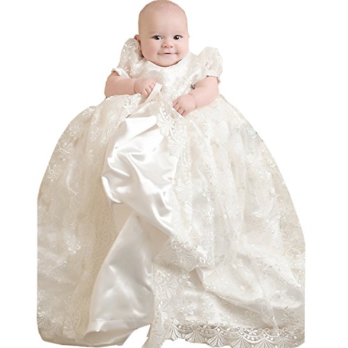 dressvip Ivory Lace Round Neck Short Sleeve Christening Gown with Ribbon (9-12months)