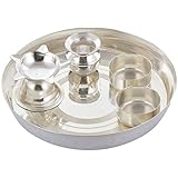Crafticia Oxidized White Silver Metal Silver Pooja or Puja Plate Thali 4 Piece Set Handmade Showpiece