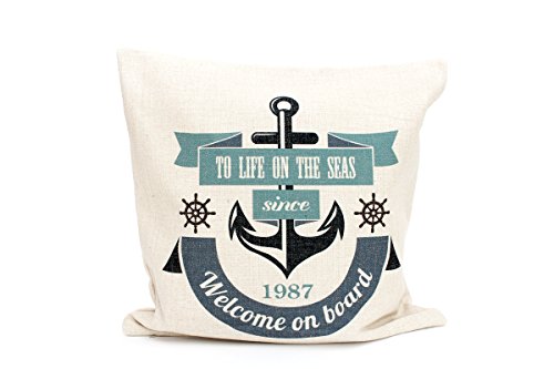 Kissenbezug Elliot 40x40cm Kissenhülle maritim Welcome on Board 1987 Anker Sommer Leinen Leinenoptik Dekokissen