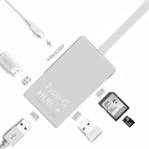 USB C Adapter Type c Hub, iMounTop USB 3.0 Type-C Adapter mit 3.0 Kartenleser SD / microSD, PD Ladeanschluss , 4K HDMI Videoausgang , 2 x SuperSpeed USB 3.0 Anschlüsse , für Apple New MacBook Pro 2016, MacBook 2015/2016, ChromeBook Pixel, HP i7, Dell XPS (OTG funktion für Smartphone) (Silber) - 3