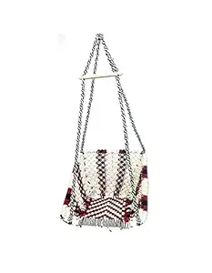 Proniks Square Cotton Swing Hand Crafted Chair Hammock Jhula with Hanging Accessories (147 cm X 57 cm X 43cm, 100 kg Capacity, White & Red)