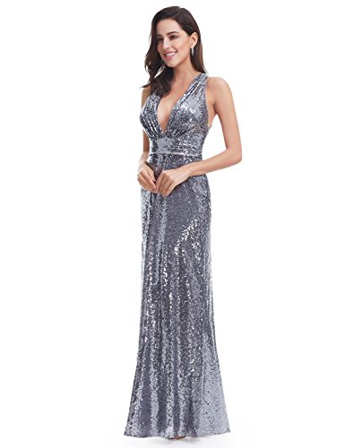 Ever Pretty Lang Pailletten Elegant Partykleid Cocktailkleid V-Halsausschnitt Abendkleid 48 Silber - 5