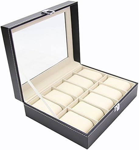Faux Leather 10 Wristwatch Watch Showcase Display Storage Case Box With Glass Lid BLack