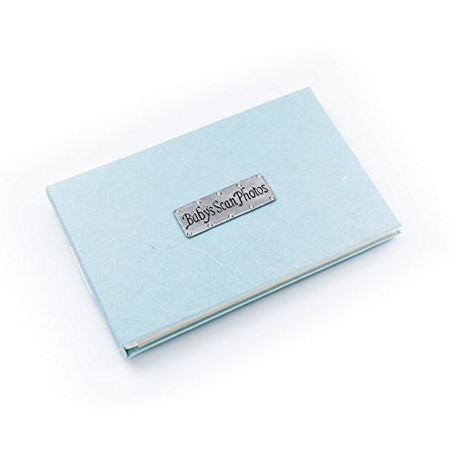 A stylish pocket-sized photo album for 'Baby's Scan Photos' in soft blue
