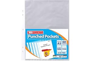 A5 Punch Pockets Clear Plastic Punched Pockets 60 Micron Filing Folders Wallets Sleeves Document Files for Ring Binder Punched Pockets by E&A Distribution Limited