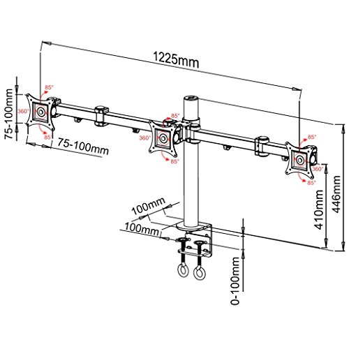 Monitor Tischhalterung Triple für 3 Monitore 13-24″ (33-61cm), Klemmbefestigung, max. Belastung 10kg je Monitor, neigbar, schwenkbar, höhenverstellbar – auch für LCD LED TV - 4