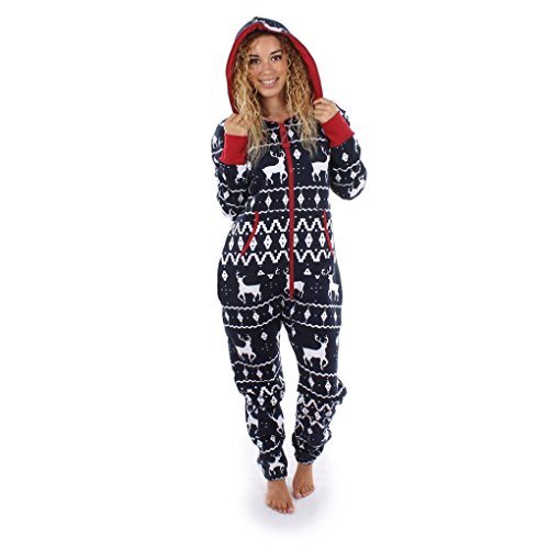 Preisvergleich Produktbild Elecenty Damen 3D Drucken Jumpsuit Pyjamas Schlafanzug Frauen Langarm Weihnachten Elch Bedruckt Overall Nachtwäsche Winter warm lang mit Kapuze Hosenanzug Anzug Sleepwear Overall (S, Marine)