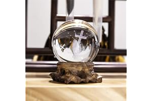 HDCRYSTALGIFTS Fermacarte a sfera in cristallo 3D a forma di sfera completa Fengshui con base Woonden (60 mm)