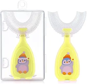 Zikrank U Shape Toothbrush For 2-6 Years Old Kids, BPA Free Toothbrush, Soft Silicone Brush Head, 360? Oral Teeth Cleaning Manual Toothbrush | with Toothbrush Plastic Case (Yellow)