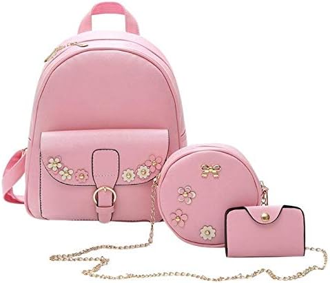 OneMoreT 3pcs PU Leather Women Backpack Flower Composite Backpack Shoulder Crossbody Messeger Chain Card Bag