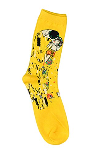 Bigood 1 Paire Chaussette Coton Chaussettes Peinture Abstraite Imprimé Automne Hiver Vintage Jaune