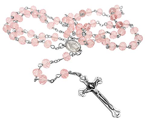 Luz crucifijo y granos de cristal de color rosa rosario católico collar Medalla Milagrosa
