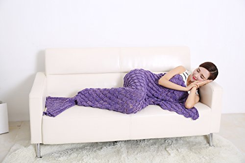 Aiqi Schlafsack / Decke in Meerjungfrau-Flossenform, warm und weich, Häkel-Handarbeit, zum Kuscheln, Fleece, ideale Geschenkidee, für Familienmitglieder oder Freunde, violett, M - 4