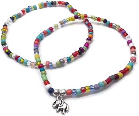 Elephant Charm Anklet Set, Bright Summer Colour Mix Glass Seed Beads, 1 Plain and 1 with Silver Tone Charm : Size 10 inches, Wild Animal Lover, Beach Boho Jewellery