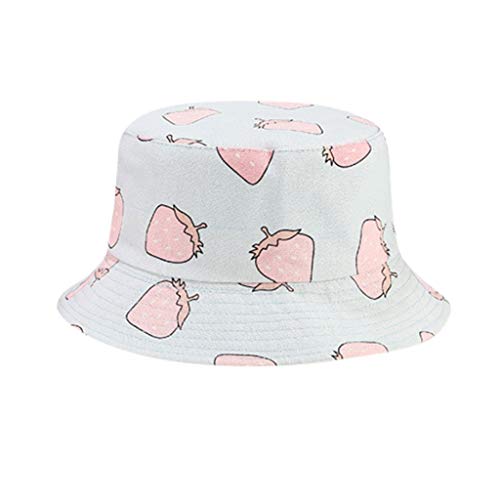 Preisvergleich Produktbild GlüCklicher Strohhut Fruchtkappe Sommer MäDchen Im Freien Strohhut Kuppelkappe Faltkappe Hut Mit Breiter Krempe Süß Erdbeere Drucken Cap AngelmüTze Bucket Hat Hut Anglerhut