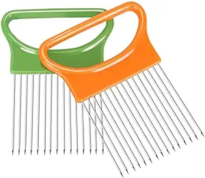 HAVEN GOOD Onion Holder for Slicing, Stainless Steel Prongs Kitchen Slicer, Lemon Cucumber Cutter Comb,Meat Tenderizer,Green and Orange (orange)