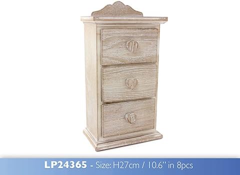 Small Wooden Natural Shabby Chic Set of 3 Drawers Chest with heart handles