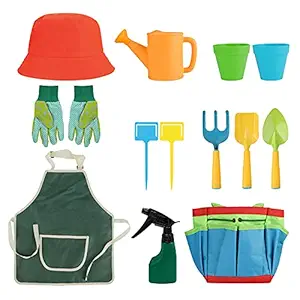 Homgee Kids Gardening Tools Set 14 Pcs Garden Kit with Storage Bag, Watering Can, Hat, Apron, Gloves Heavy Duty Gardening Kit for Boys and Girls 3 Years +