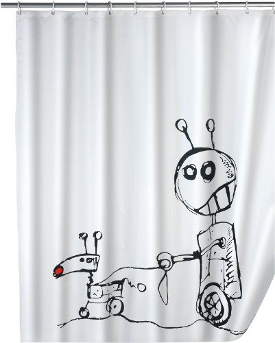 WENKO 19501100 Duschvorhang Robots - waschbar, mit 12 Duschvorhangringen, 100 % Polyester, Weiß