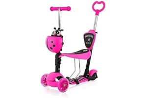 YOLEO Trottinette avec Siège 5 en 1,3 Roues Plateau Antidérapant LED, Patinette réglable en Hauteur, Classiques, Idéal Cadeau pour Enfants 2 a 6 Ans