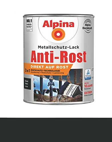 Alpina 2,5 L Metallschutz-Lack, 3in1 Direkt auf Rost, RAL 9005 Schwarz Glänzend