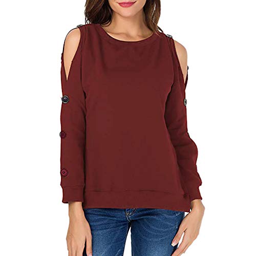 NPRADLA Women Autumn Winner Sweatshirts Solid Pullover Cold Shoulder Long Sleeve Loose O-Neck T Shirt Blouses Top