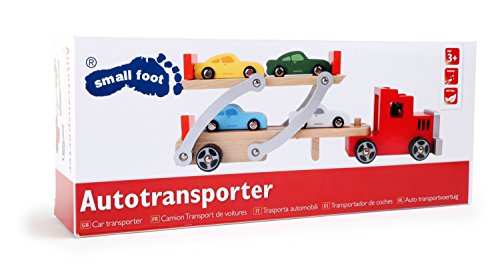 Autotransporter aus Holz mit beweglicher Laderampe, LKW mit abnehmbarem Anhänger und 4 bunten Autos, schult die Motorik und fördert die Kreativität - 7