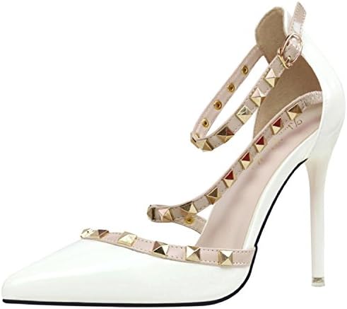 Oasap Women's Pointed Toe T-strap Rivet Stiletto Sandals, White, 4 UK