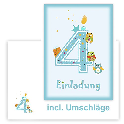 Einladungskarten Kindergeburtstag zum 4. Geburtstag in blau mit Eulen, incl. passender Umschläge