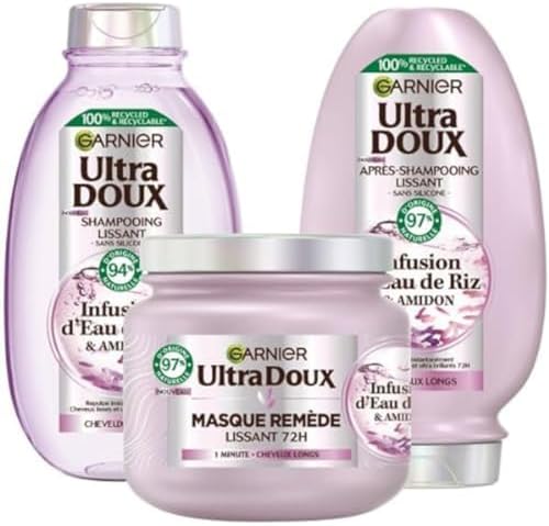 Garnier Ultra Soft – Cofanetto per capelli ribelli e indisciplinati – Lisciante morbidezza e lucentezza, con infusione di acqua di riso, per capelli ribelli e indisciplinati, shampoo, balsamo,
